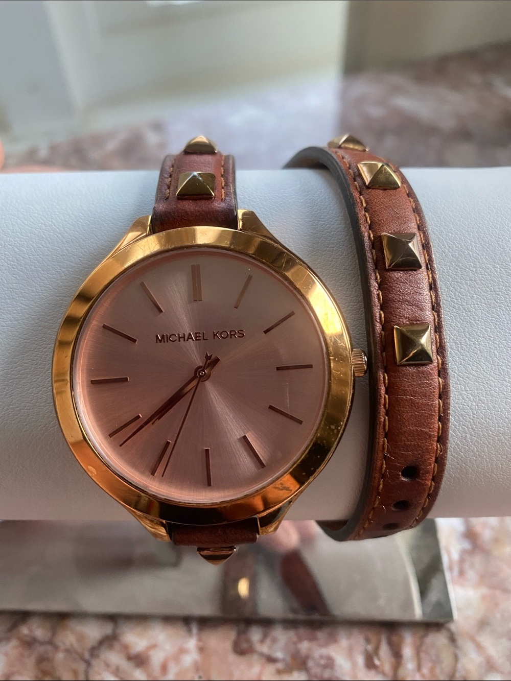 Vintage Michael Kors Rose Gold Dial with Brown Studded Leather Wrap Strap Watch